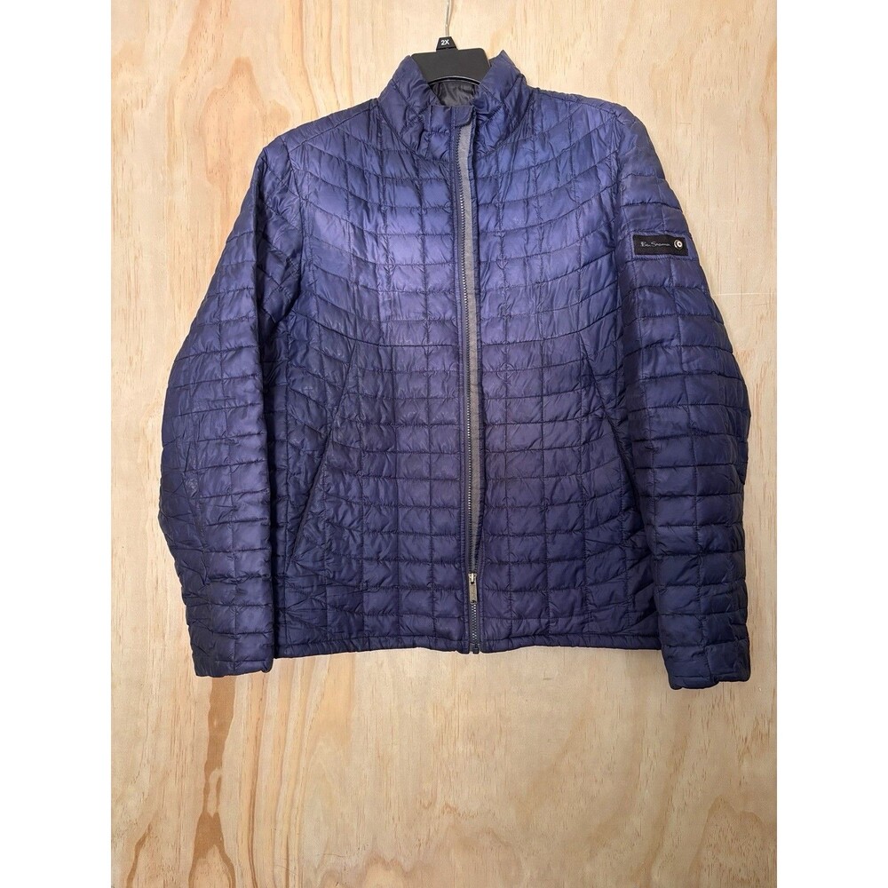 Ben Sherman Mens Blue Grid Quilted Puffer Jacket Full Zip Ripstop Large